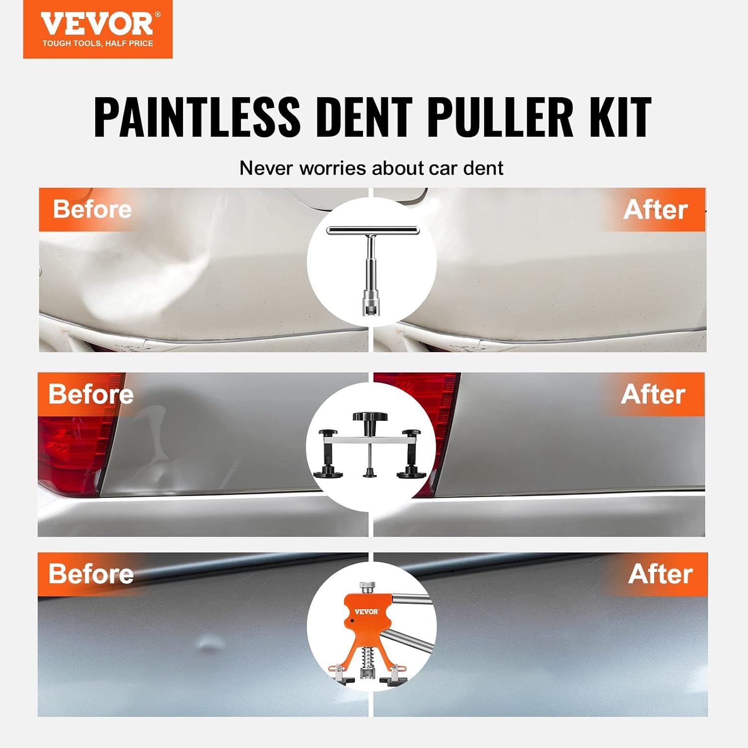 image:imageVEVOR Dent Puller Kit 60 PCS Paintless Dent Removal Kit with Golden Lifter Bridge Puller Rubber Hammer Glue Gun Auto Body Hail Damage Repair Remover Tools for Car Refrigerator Door Ding Repair73PCS