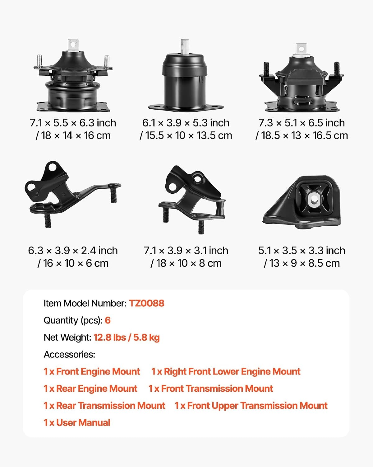 image:imageVEVOR Engine Motor Mount and Transmission Mount Kit Replacement Set of 5 Compatible with 20132017 Honda Accord 24L L4 Replace OE A65072 A65054 A65040 A65068 A65071 Secure Support20032007 Honda Accord 24L