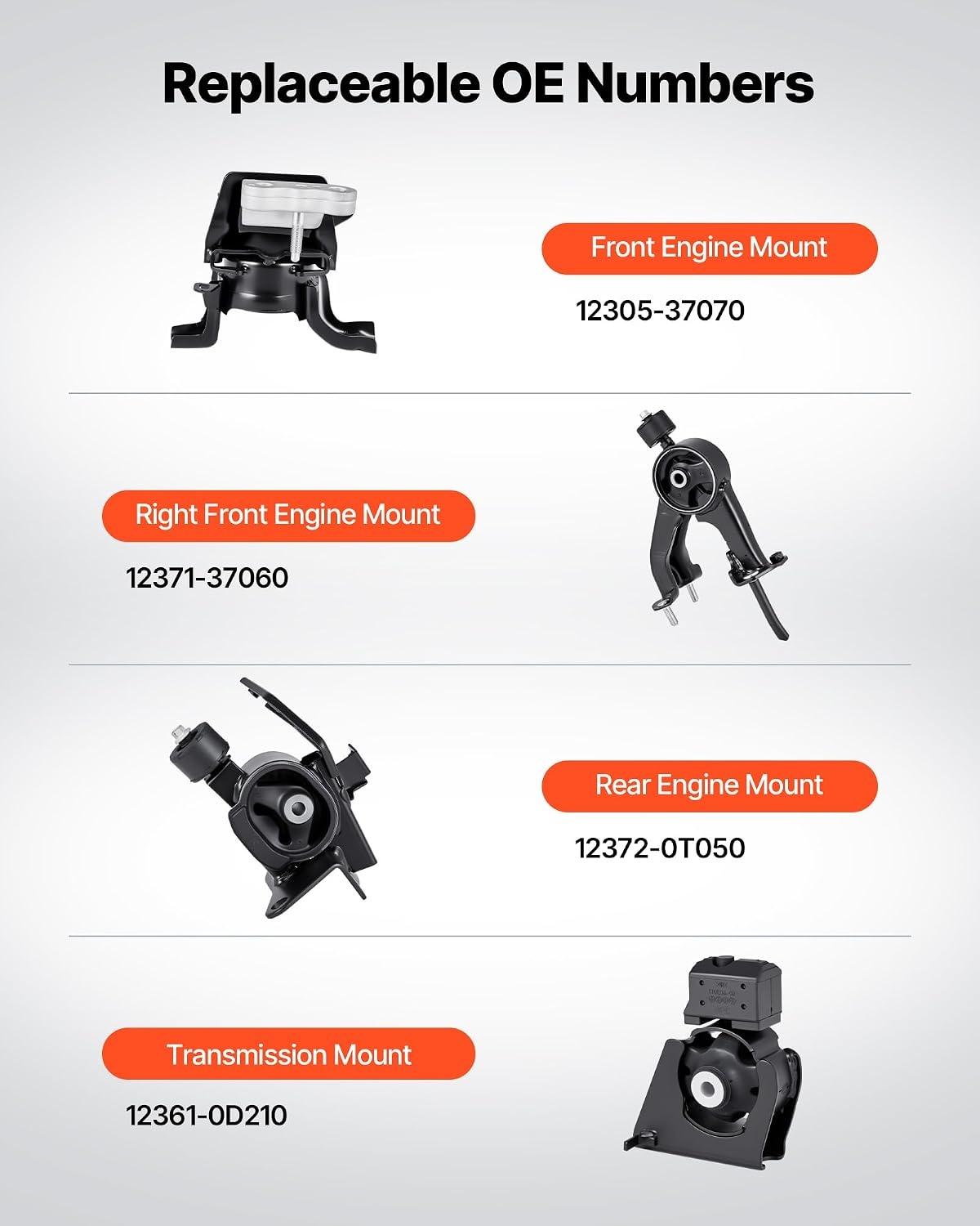 image:imageVEVOR Engine Motor Mounts Set of 4 Compatible with 20072011 Toyota Camry 24L L4 Replace OE A62009 A4207 A4211 A4274 Secure Support20032008 Toyota Corolla 18L