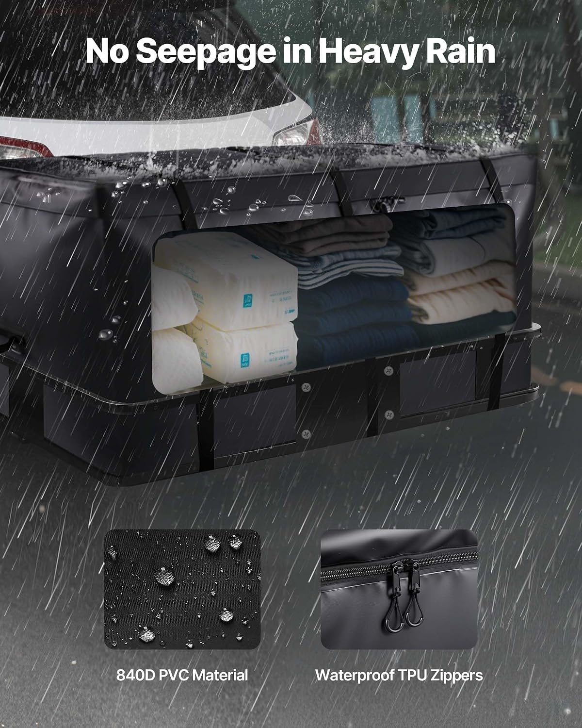image:imageVEVOR Hitch Cargo Carrier Bag Waterproof 840D PVC 5984 x 2402 x 3063 in 25 Cubic Feet Heavy Duty Cargo Bag for Truck Bed Storage with Reinforced Straps Suitable for Car SUV Vans Hitch Basketwith Reinforced StrapsLockStorage Bag