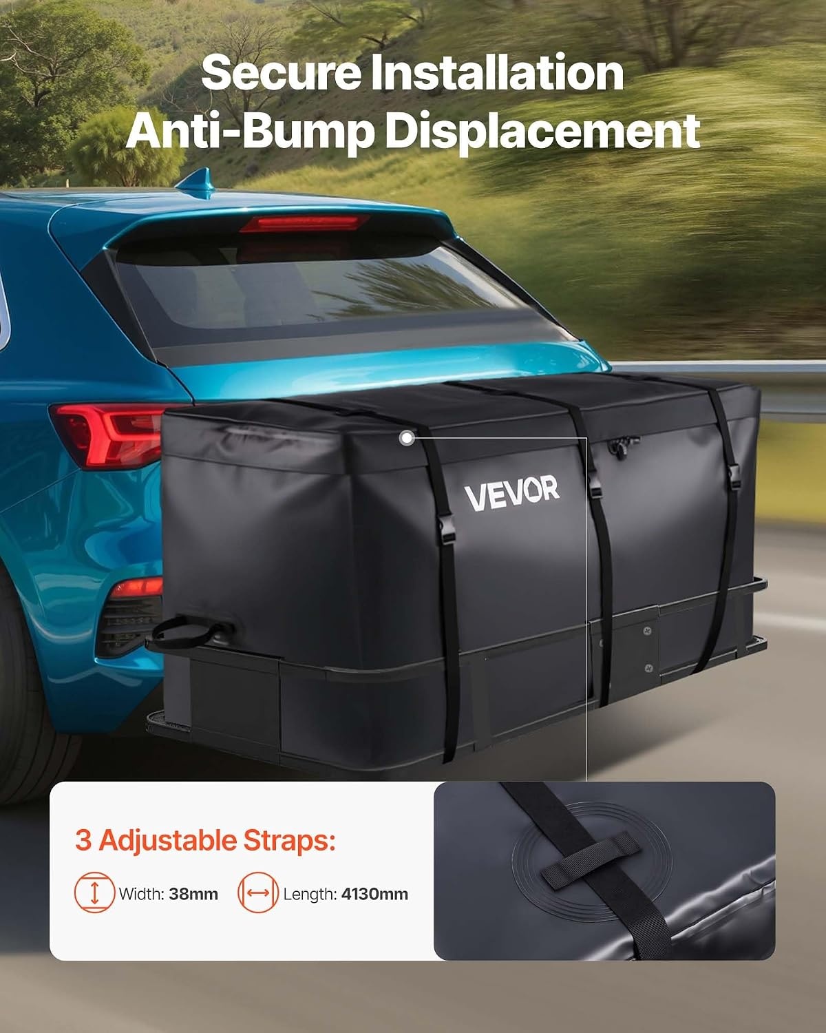 image:imageVEVOR Hitch Cargo Carrier Bag Waterproof 840D PVC 5984 x 2402 x 3063 in 25 Cubic Feet Heavy Duty Cargo Bag for Truck Bed Storage with Reinforced Straps Suitable for Car SUV Vans Hitch Basketwith Reinforced StrapsLockStorage Bag