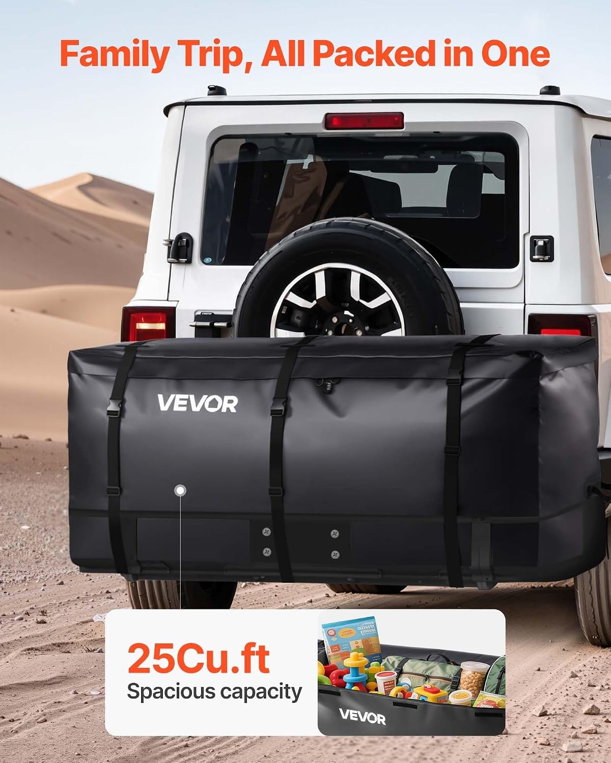 image:imageVEVOR Hitch Cargo Carrier Bag Waterproof 840D PVC 5984 x 2402 x 3063 in 25 Cubic Feet Heavy Duty Cargo Bag for Truck Bed Storage with Reinforced Straps Suitable for Car SUV Vans Hitch Basketwith Reinforced StrapsLockStorage Bag