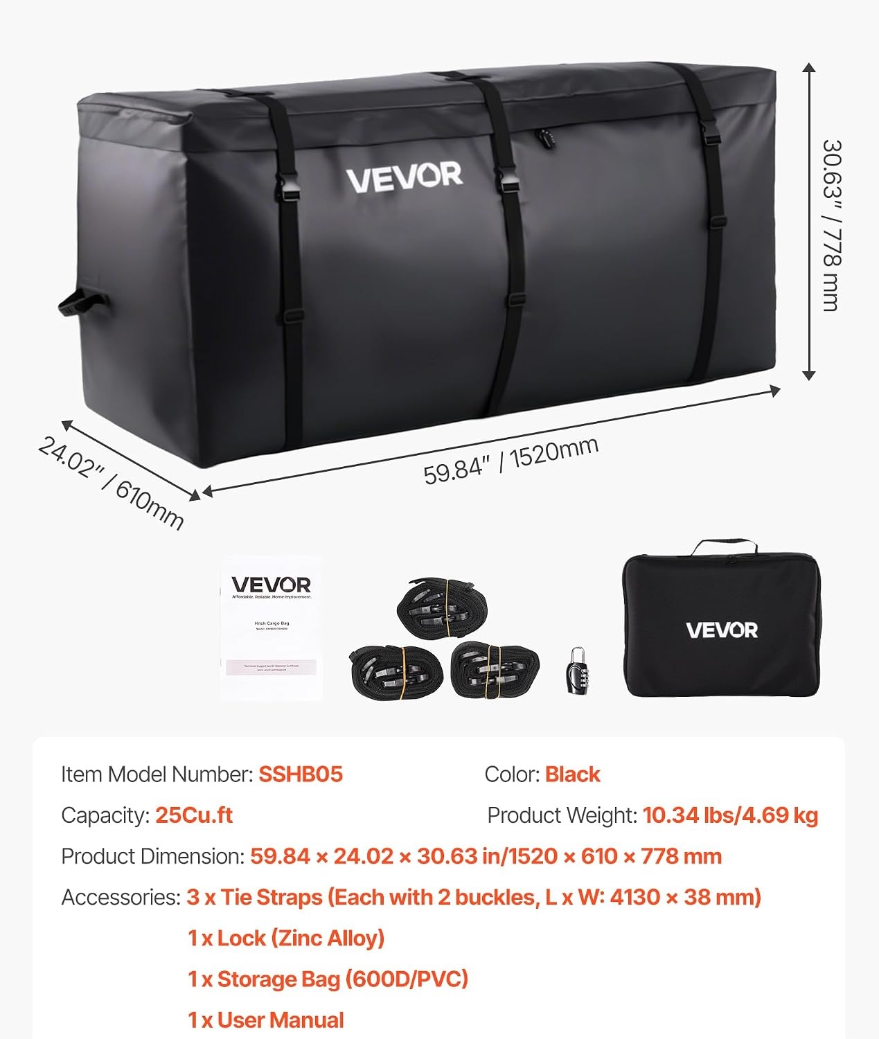 image:imageVEVOR Hitch Cargo Carrier Bag Waterproof 840D PVC 5984 x 2402 x 3063 in 25 Cubic Feet Heavy Duty Cargo Bag for Truck Bed Storage with Reinforced Straps Suitable for Car SUV Vans Hitch Basketwith Reinforced StrapsLockStorage Bag