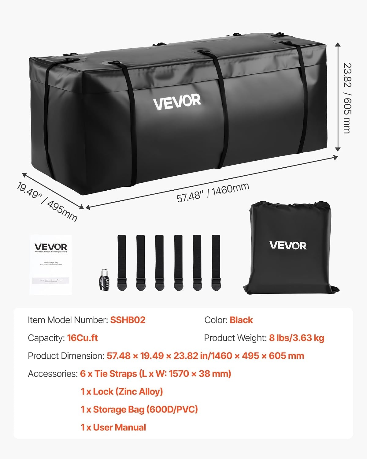 image:imageVEVOR Hitch Cargo Carrier Bag Waterproof 840D PVC 5984 x 2402 x 3063 in 25 Cubic Feet Heavy Duty Cargo Bag for Truck Bed Storage with Reinforced Straps Suitable for Car SUV Vans Hitch Basketwith Reinforced StrapsLockStorage Bag
