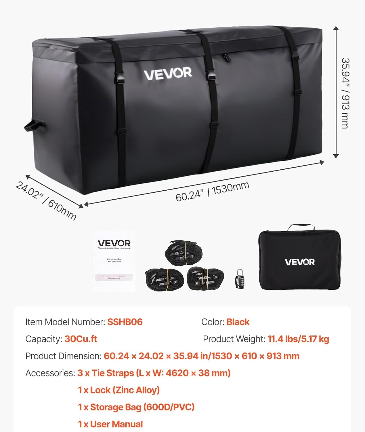 image:imageVEVOR Hitch Cargo Carrier Bag Waterproof 840D PVC 5984 x 2402 x 3063 in 25 Cubic Feet Heavy Duty Cargo Bag for Truck Bed Storage with Reinforced Straps Suitable for Car SUV Vans Hitch Basketwith Reinforced StrapsLockStorage Bag