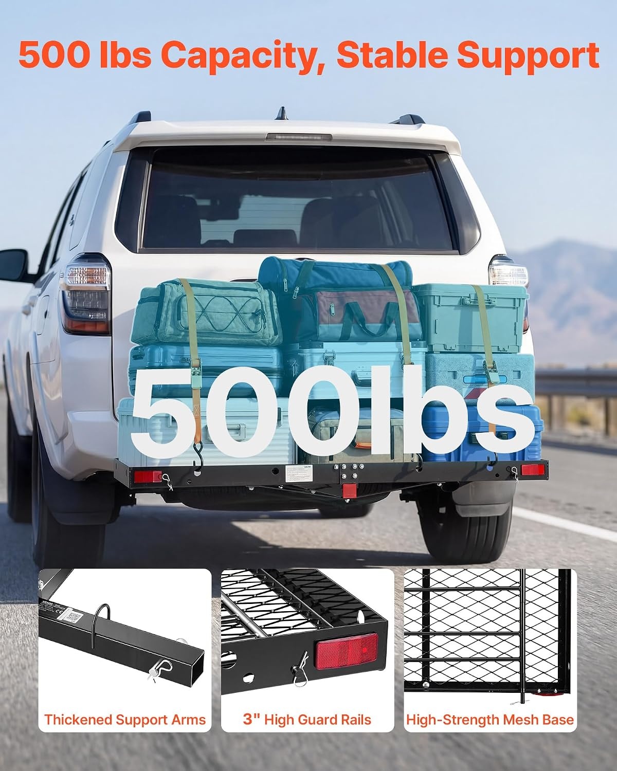 image:imageVEVOR Hitch Cargo Carrier with Bike Racks 62 x 20 x 3 Hitch Mount Cargo Carrier for 2 Mountain Bikes 500LBS Capacity HighStrength Steel Rear Luggage Basket Fits 2 Receiver for SUVs Pickups62 x 20 x 3 in