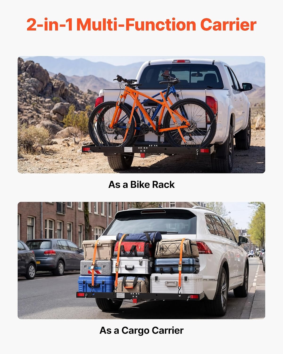 image:imageVEVOR Hitch Cargo Carrier with Bike Racks 62 x 20 x 3 Hitch Mount Cargo Carrier for 2 Mountain Bikes 500LBS Capacity HighStrength Steel Rear Luggage Basket Fits 2 Receiver for SUVs Pickups62 x 20 x 3 in