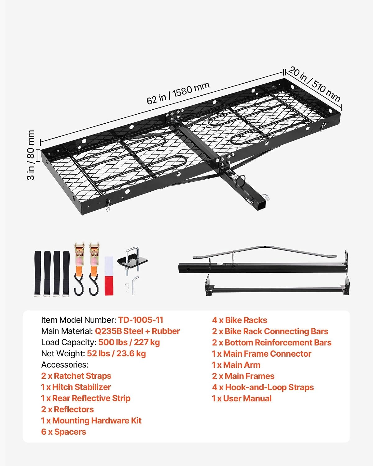 image:imageVEVOR Hitch Cargo Carrier with Bike Racks 62 x 20 x 3 Hitch Mount Cargo Carrier for 2 Mountain Bikes 500LBS Capacity HighStrength Steel Rear Luggage Basket Fits 2 Receiver for SUVs Pickups62 x 20 x 3 in