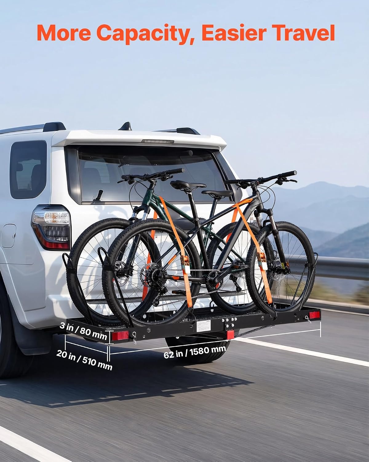 image:imageVEVOR Hitch Cargo Carrier with Bike Racks 62 x 20 x 3 Hitch Mount Cargo Carrier for 2 Mountain Bikes 500LBS Capacity HighStrength Steel Rear Luggage Basket Fits 2 Receiver for SUVs Pickups62 x 20 x 3 in