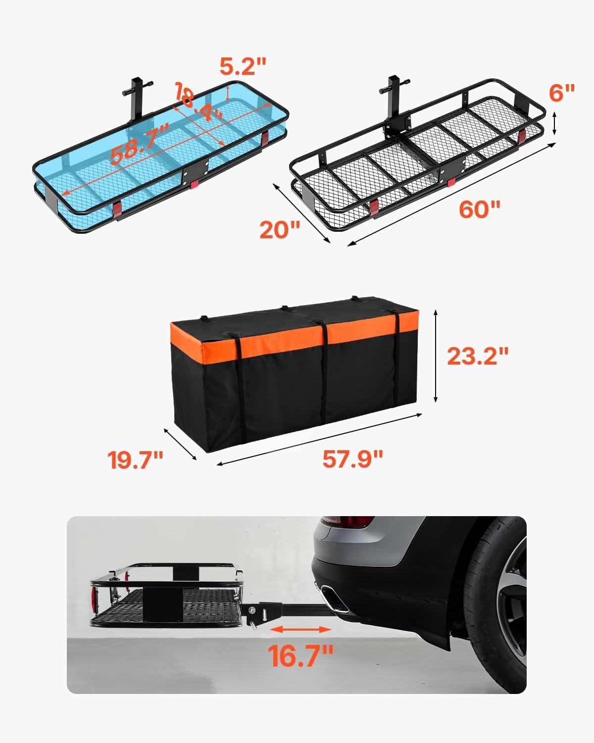 image:imageVEVOR Hitch Mount Cargo Carrier 60 x 36 x 6 Folding Rear Luggage Rack Basket with Waterproof Cargo Bag 500LBS Capacity HighStrength Steel Hitch Cargo Carrier Fits 2 Receiver for SUV Pickups60 x 20 x 6