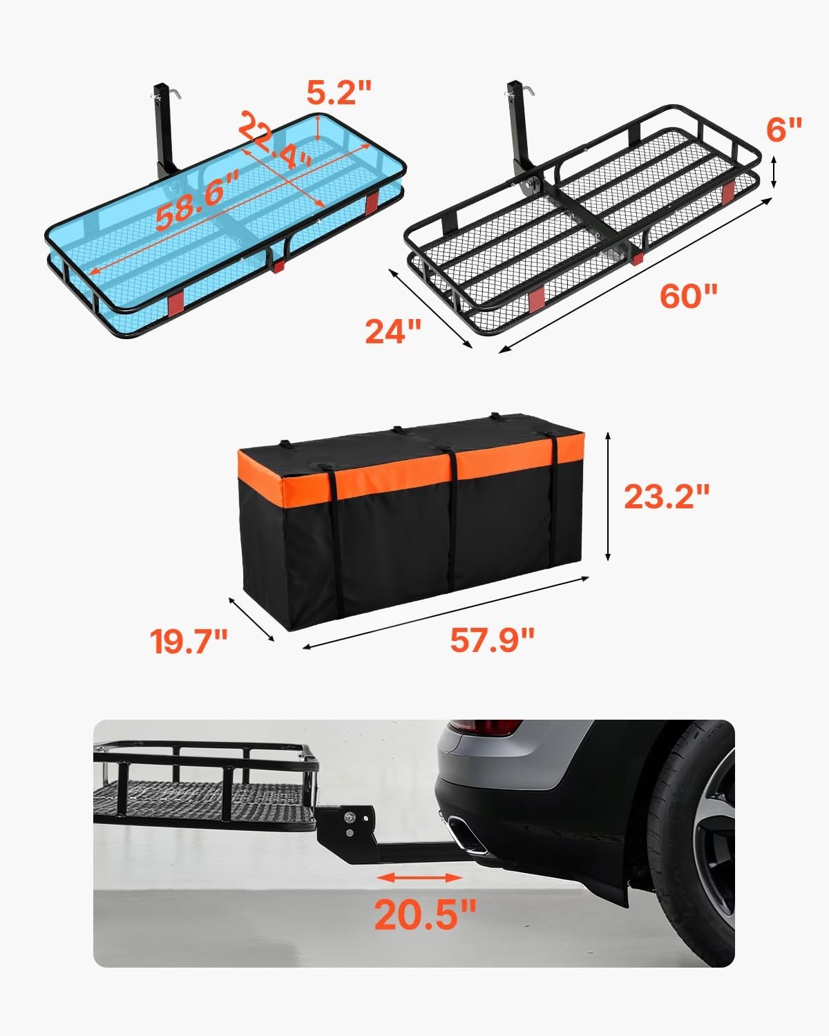 image:imageVEVOR Hitch Mount Cargo Carrier 60 x 36 x 6 Folding Rear Luggage Rack Basket with Waterproof Cargo Bag 500LBS Capacity HighStrength Steel Hitch Cargo Carrier Fits 2 Receiver for SUV Pickups60 x 24 x 6