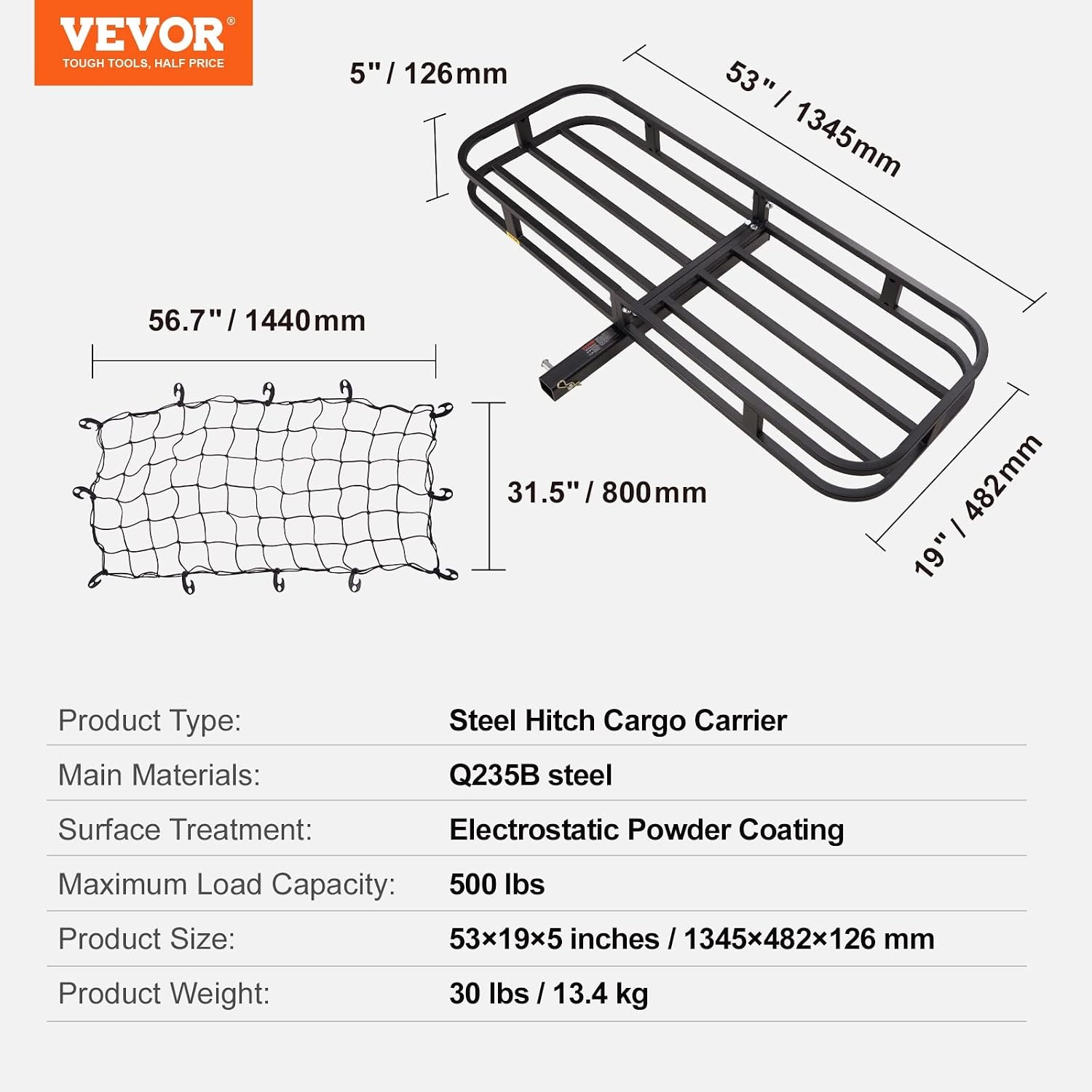 image:imageVEVOR Hitch Mount Cargo Carrier 60 x 36 x 6 Folding Rear Luggage Rack Basket with Waterproof Cargo Bag 500LBS Capacity HighStrength Steel Hitch Cargo Carrier Fits 2 Receiver for SUV Pickups53 x 19 x 5