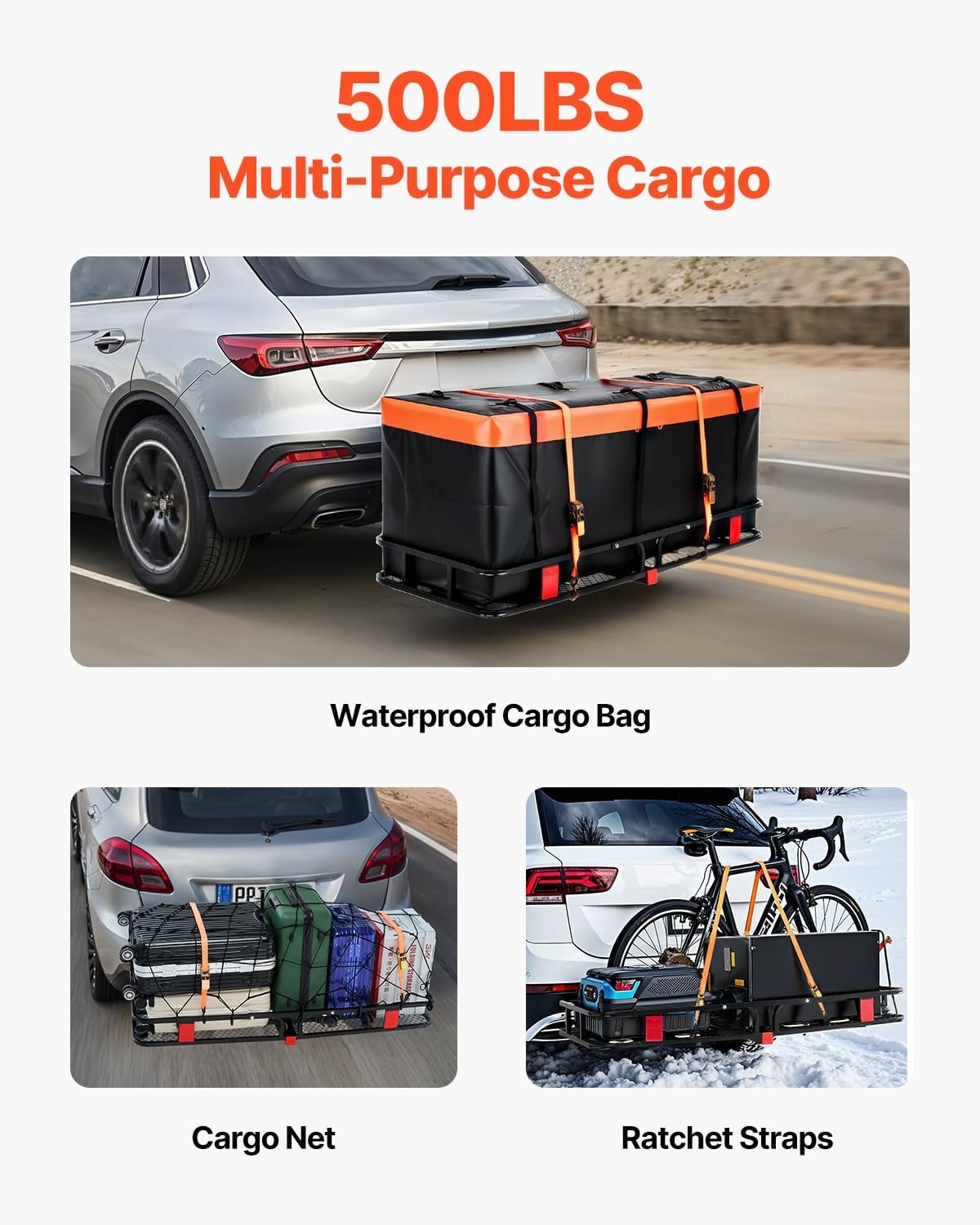 image:imageVEVOR Hitch Mount Cargo Carrier 60 x 36 x 6 Folding Rear Luggage Rack Basket with Waterproof Cargo Bag 500LBS Capacity HighStrength Steel Hitch Cargo Carrier Fits 2 Receiver for SUV Pickups60 x 24 x 6