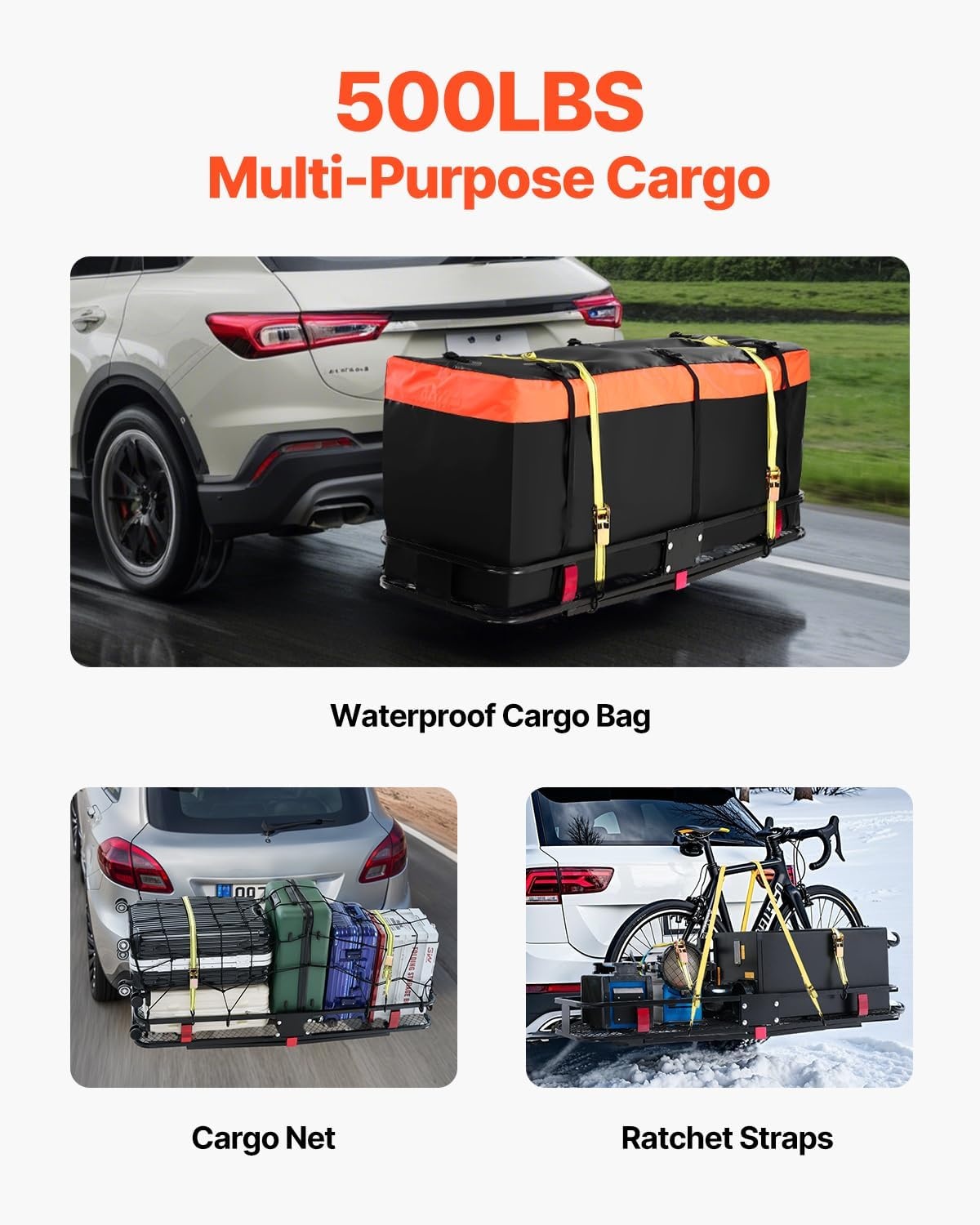 image:imageVEVOR Hitch Mount Cargo Carrier 60 x 36 x 6 Folding Rear Luggage Rack Basket with Waterproof Cargo Bag 500LBS Capacity HighStrength Steel Hitch Cargo Carrier Fits 2 Receiver for SUV Pickups60 x 20 x 6