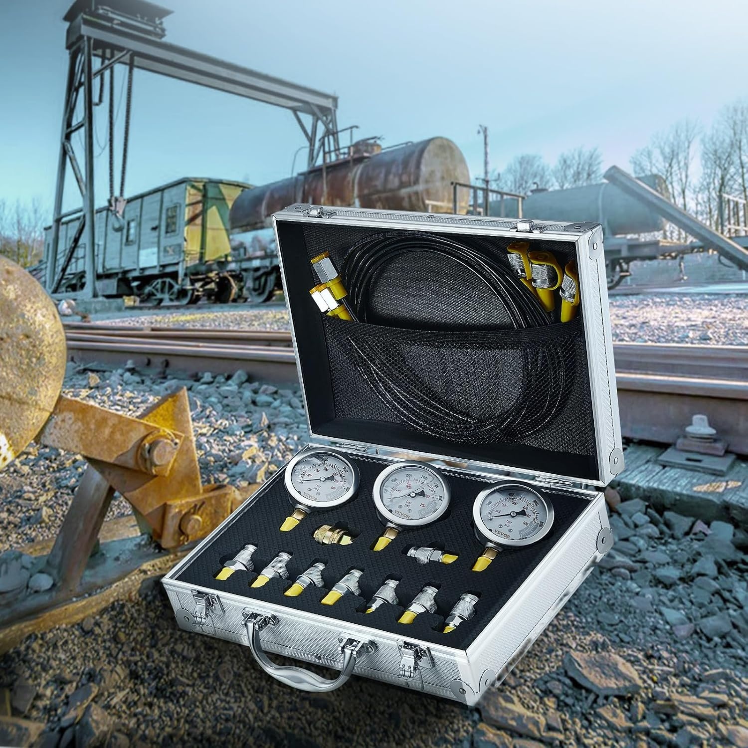 image:imageVEVOR Hydraulic Pressure Test Kit 10100250400600bar 5 Gauges 13 Test Couplings 14 Tee Connectors 5 Test Hoses Hydraulic Gauge Kit with Sturdy Carrying Case for Excavator Construction Machinery3 Gauges 9 Test Couplings