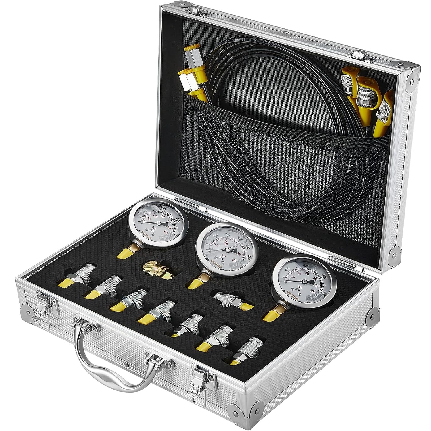 image:imageVEVOR Hydraulic Pressure Test Kit 10100250400600bar 5 Gauges 13 Test Couplings 14 Tee Connectors 5 Test Hoses Hydraulic Gauge Kit with Sturdy Carrying Case for Excavator Construction Machinery3 Gauges 9 Test Couplings