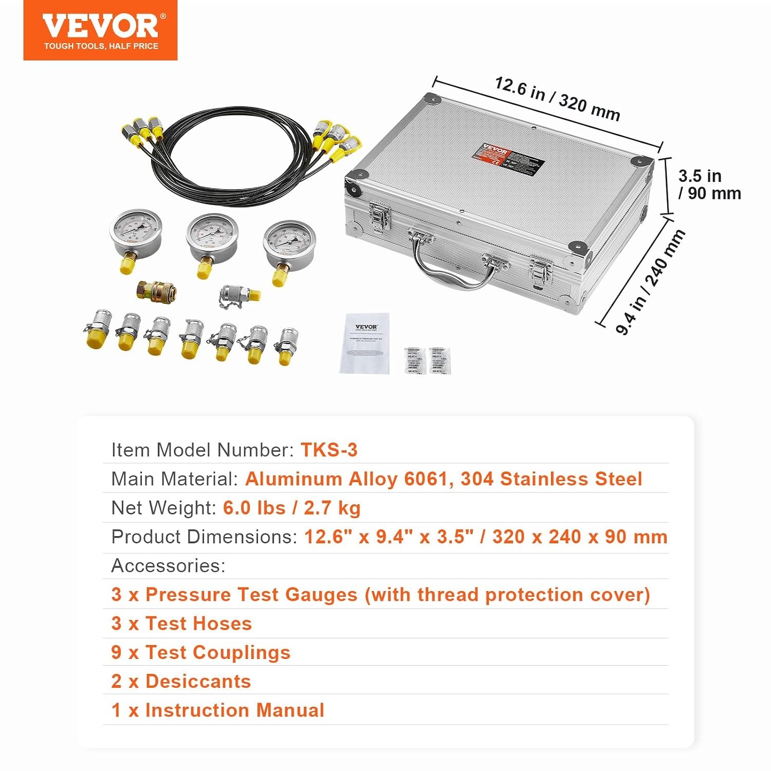 image:imageVEVOR Hydraulic Pressure Test Kit 10100250400600bar 5 Gauges 13 Test Couplings 14 Tee Connectors 5 Test Hoses Hydraulic Gauge Kit with Sturdy Carrying Case for Excavator Construction Machinery3 Gauges 9 Test Couplings
