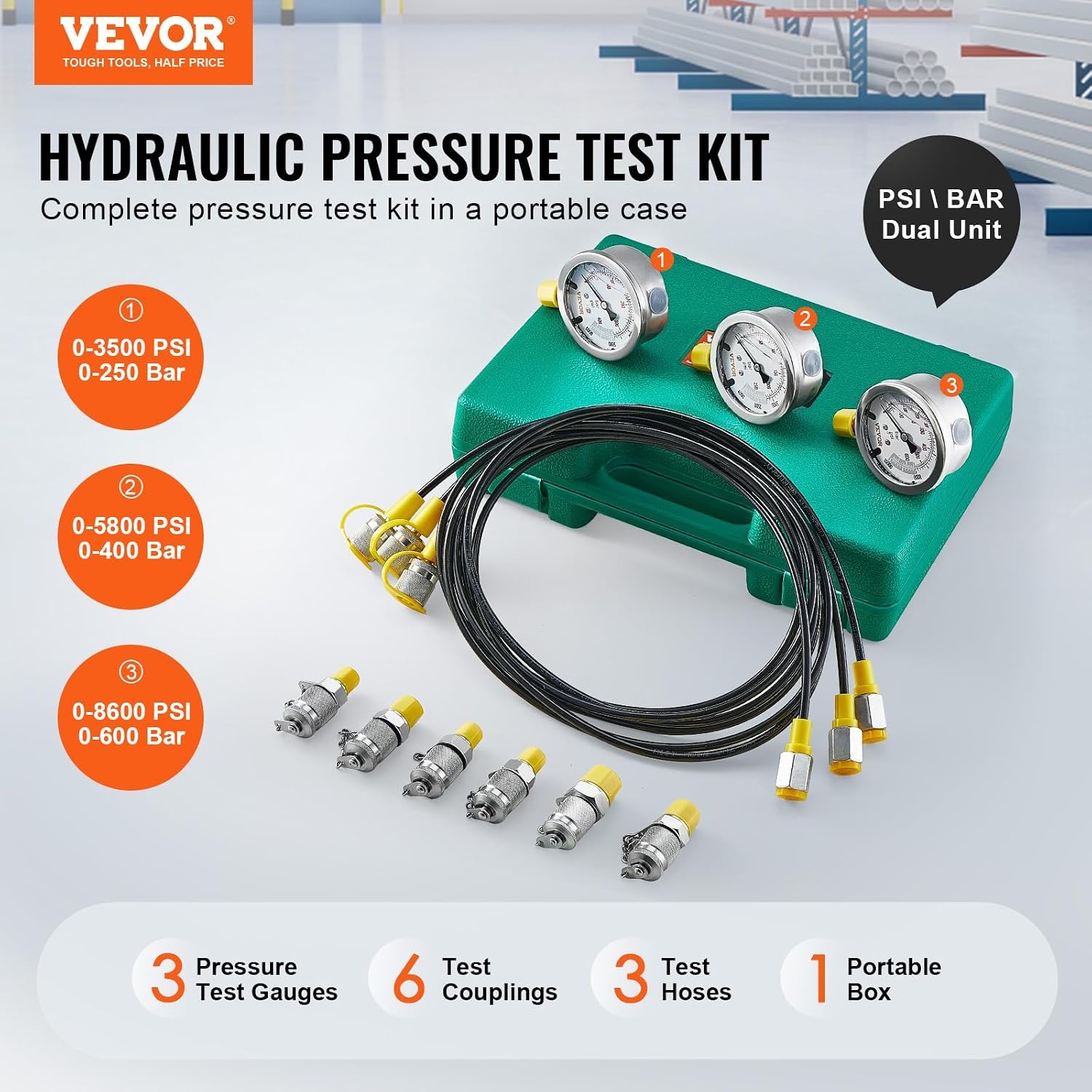 image:imageVEVOR Hydraulic Pressure Test Kit 10100250400600bar 5 Gauges 13 Test Couplings 14 Tee Connectors 5 Test Hoses Hydraulic Gauge Kit with Sturdy Carrying Case for Excavator Construction Machinery3 Gauges 6 Test Couplings