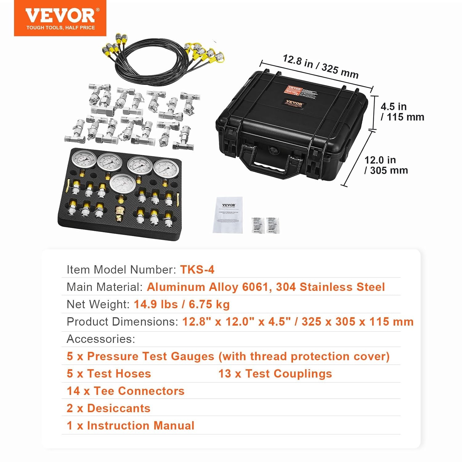 image:imageVEVOR Hydraulic Pressure Test Kit 10100250400600bar 5 Gauges 13 Test Couplings 14 Tee Connectors 5 Test Hoses Hydraulic Gauge Kit with Sturdy Carrying Case for Excavator Construction Machinery5 Gauges 13 Couplings