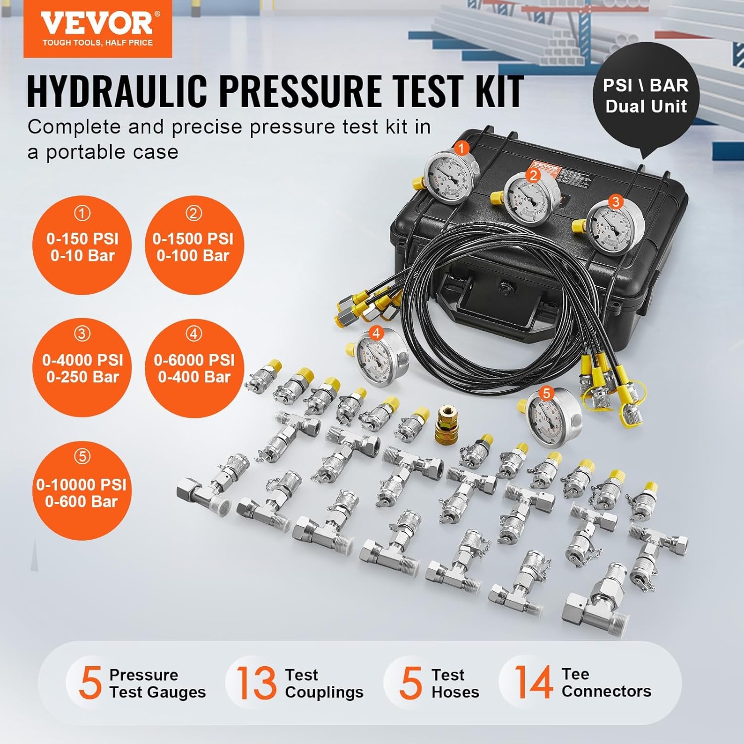 image:imageVEVOR Hydraulic Pressure Test Kit 10100250400600bar 5 Gauges 13 Test Couplings 14 Tee Connectors 5 Test Hoses Hydraulic Gauge Kit with Sturdy Carrying Case for Excavator Construction Machinery5 Gauges 13 Couplings