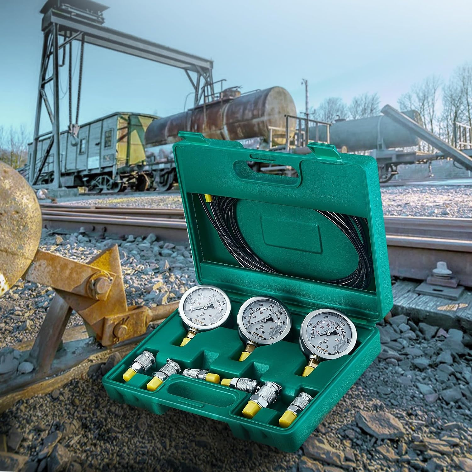 image:imageVEVOR Hydraulic Pressure Test Kit 10100250400600bar 5 Gauges 13 Test Couplings 14 Tee Connectors 5 Test Hoses Hydraulic Gauge Kit with Sturdy Carrying Case for Excavator Construction Machinery3 Gauges 6 Test Couplings