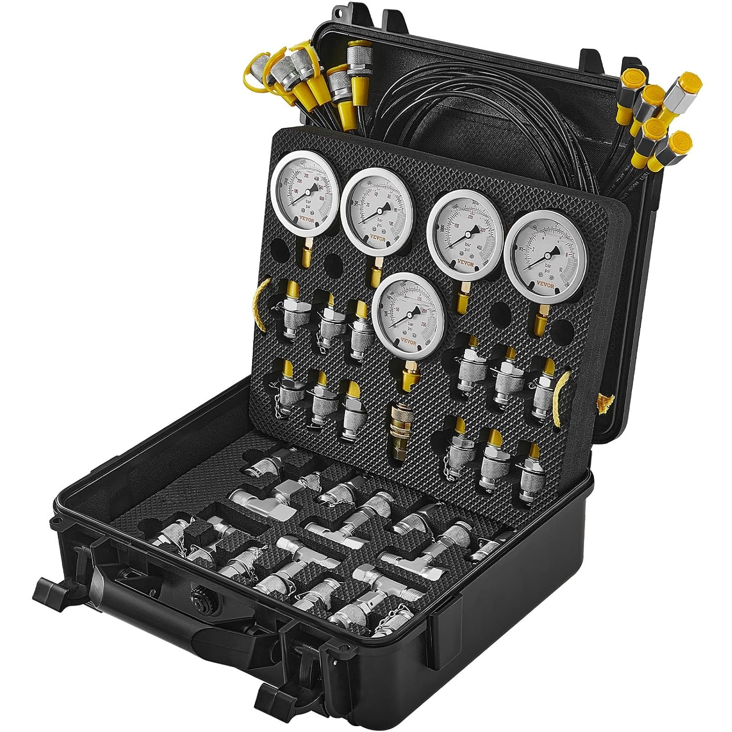 image:imageVEVOR Hydraulic Pressure Test Kit 10100250400600bar 5 Gauges 13 Test Couplings 14 Tee Connectors 5 Test Hoses Hydraulic Gauge Kit with Sturdy Carrying Case for Excavator Construction Machinery5 Gauges 13 Couplings