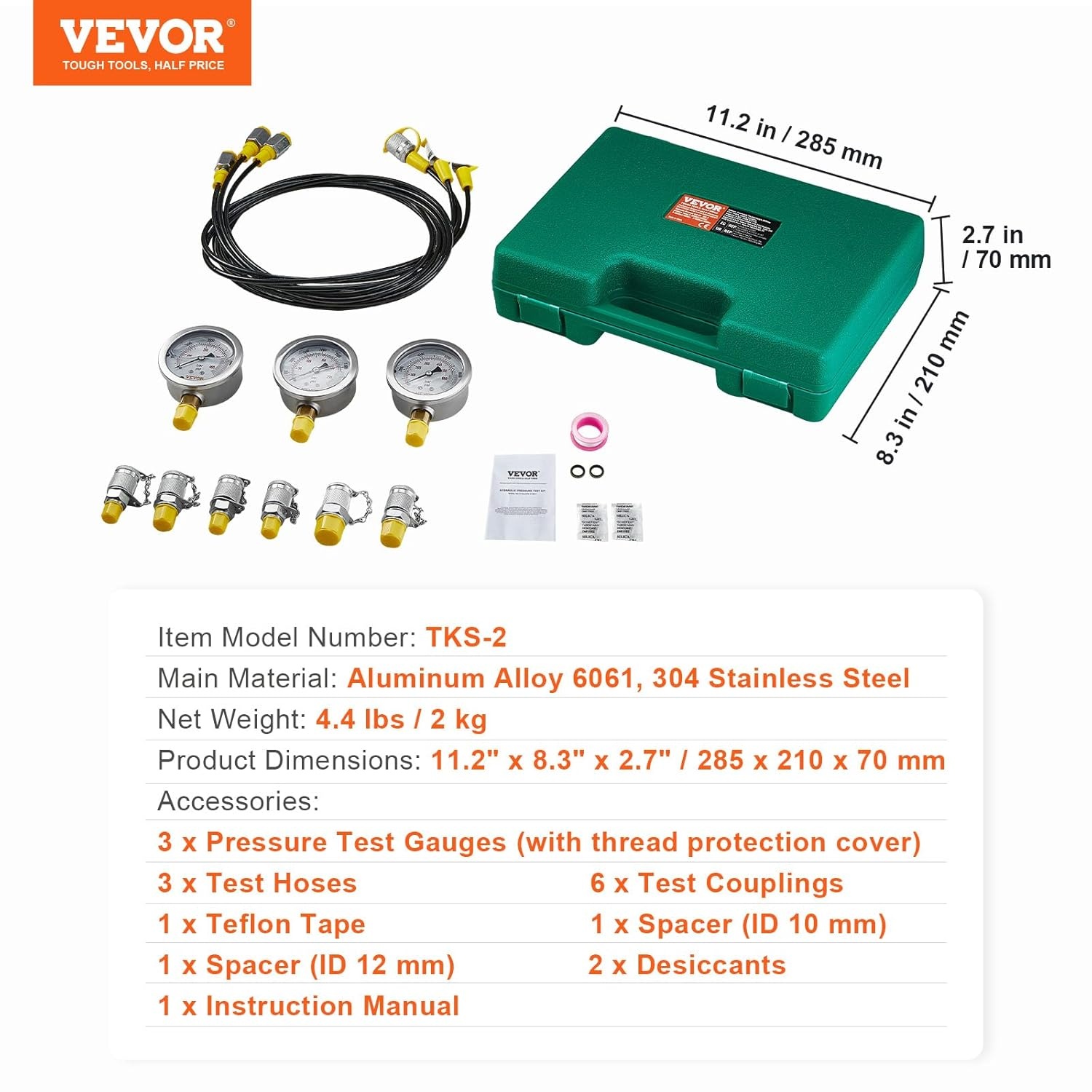 image:imageVEVOR Hydraulic Pressure Test Kit 10100250400600bar 5 Gauges 13 Test Couplings 14 Tee Connectors 5 Test Hoses Hydraulic Gauge Kit with Sturdy Carrying Case for Excavator Construction Machinery3 Gauges 6 Test Couplings
