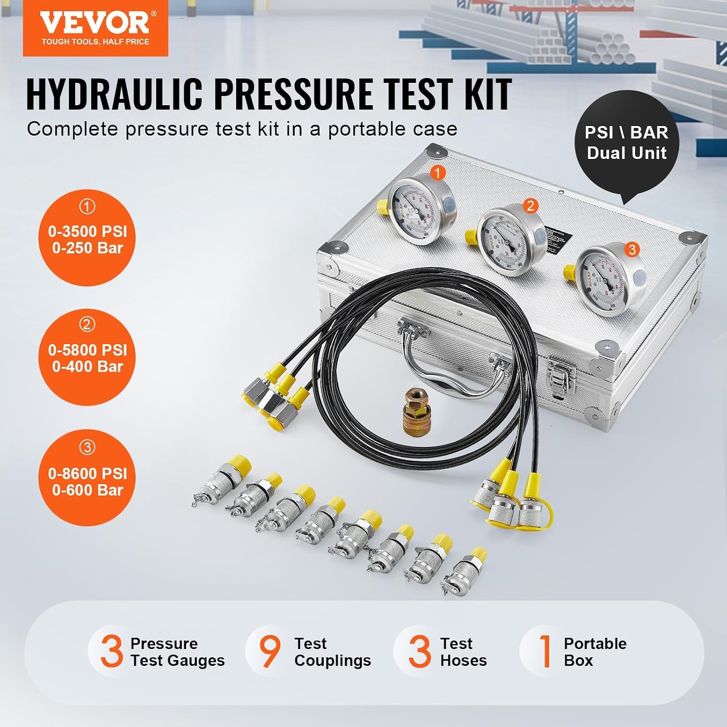 image:imageVEVOR Hydraulic Pressure Test Kit 10100250400600bar 5 Gauges 13 Test Couplings 14 Tee Connectors 5 Test Hoses Hydraulic Gauge Kit with Sturdy Carrying Case for Excavator Construction Machinery3 Gauges 9 Test Couplings