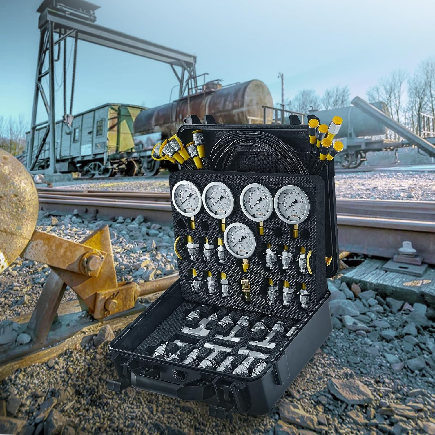 image:imageVEVOR Hydraulic Pressure Test Kit 10100250400600bar 5 Gauges 13 Test Couplings 14 Tee Connectors 5 Test Hoses Hydraulic Gauge Kit with Sturdy Carrying Case for Excavator Construction Machinery5 Gauges 13 Couplings