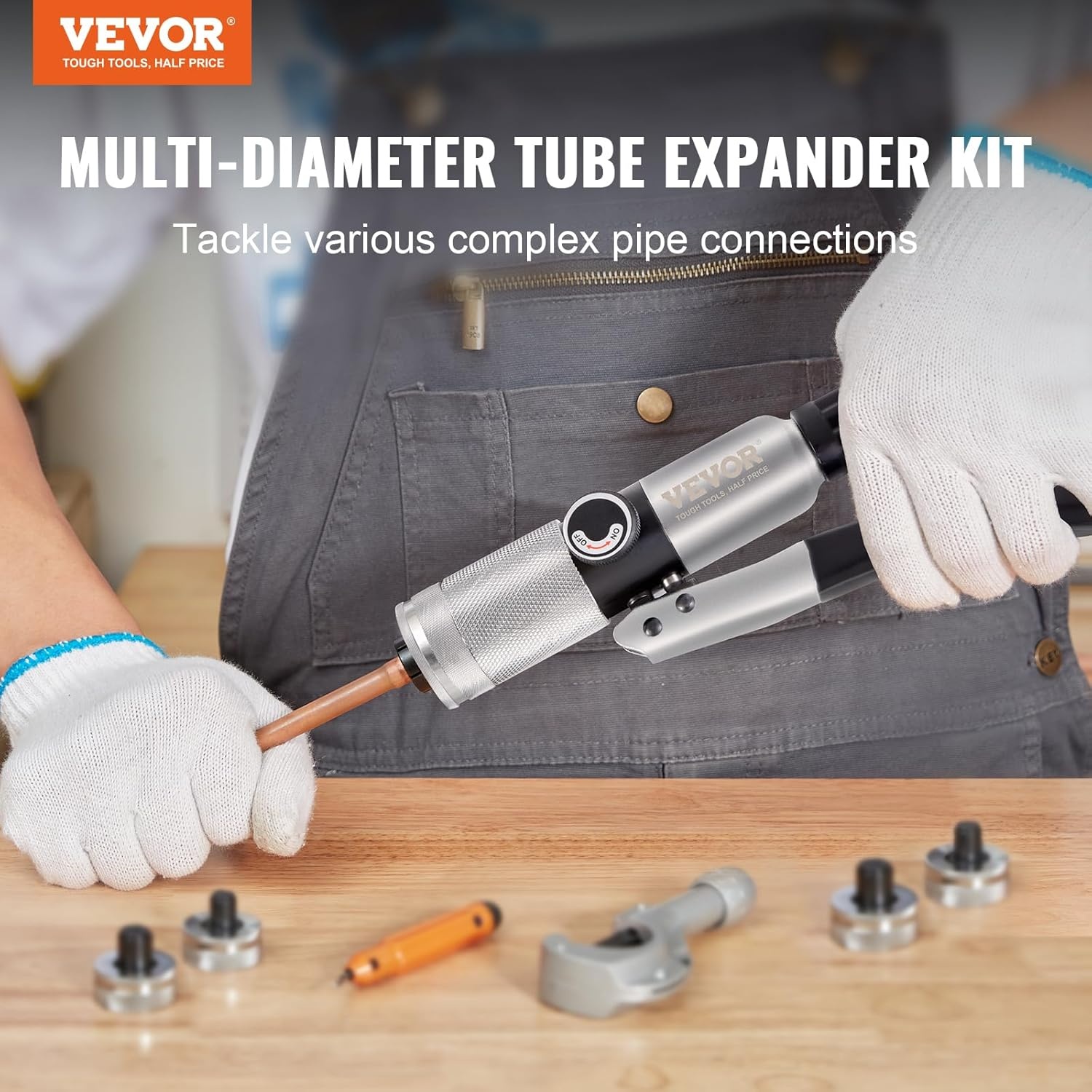 image:imageVEVOR Hydraulic Tube Expander 38 to 118 OD HAVC Hydraulic Swaging Tool with 7 Pipe Expander Heads Deburring Tool Pipe Cutter for Copper Aluminum Brass Soft Steel Pipes