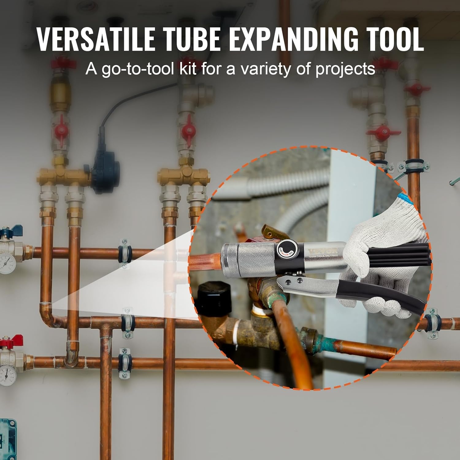 image:imageVEVOR Hydraulic Tube Expander 38 to 118 OD HAVC Hydraulic Swaging Tool with 7 Pipe Expander Heads Deburring Tool Pipe Cutter for Copper Aluminum Brass Soft Steel Pipes