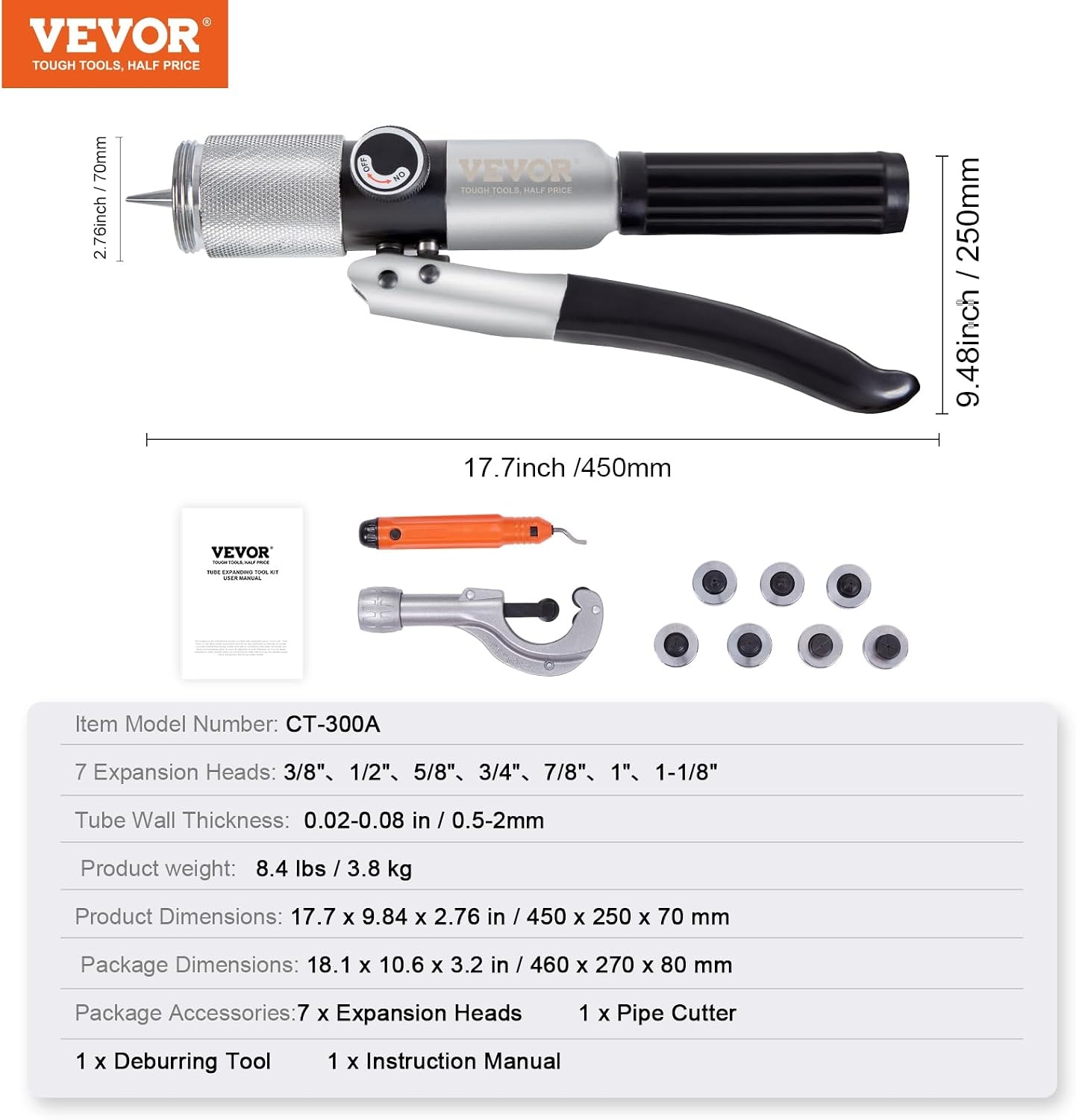 image:imageVEVOR Hydraulic Tube Expander 38 to 118 OD HAVC Hydraulic Swaging Tool with 7 Pipe Expander Heads Deburring Tool Pipe Cutter for Copper Aluminum Brass Soft Steel Pipes