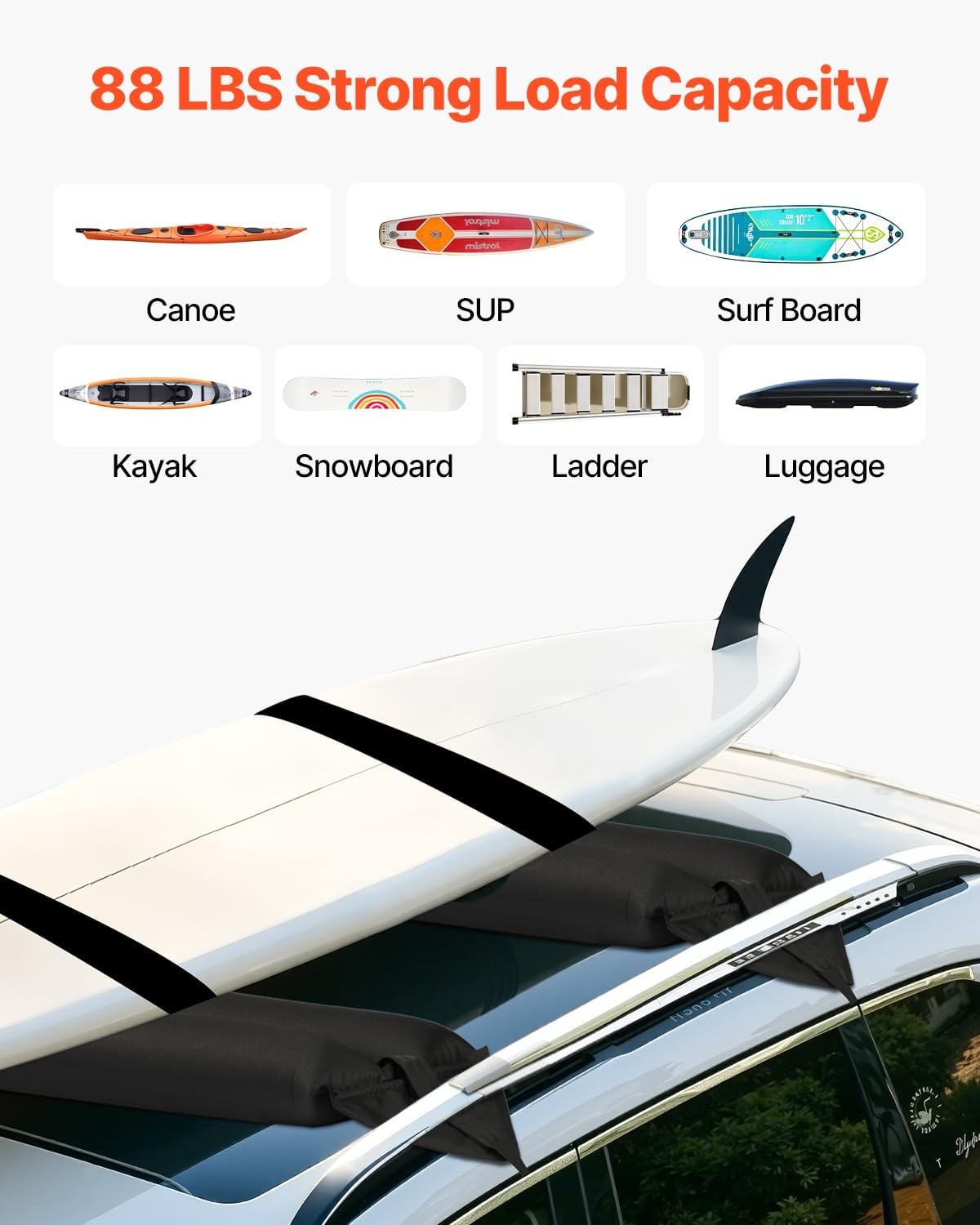 image:imageVEVOR Inflatable Soft Roof Rack Bars 376Inch Universal Car Roof Rack Pads 88LBS Loading Luggage Kayak Carrier with 2 TieDown Straps amp Ropes Hand Air Pump Storage Bag for Canoes Surfboards SUPs