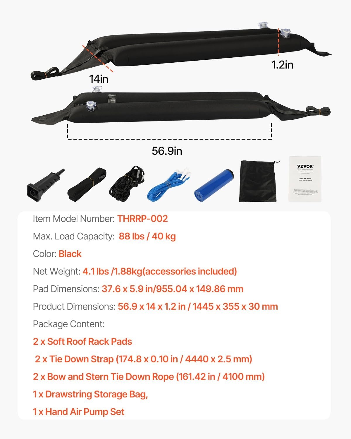 image:imageVEVOR Inflatable Soft Roof Rack Bars 376Inch Universal Car Roof Rack Pads 88LBS Loading Luggage Kayak Carrier with 2 TieDown Straps amp Ropes Hand Air Pump Storage Bag for Canoes Surfboards SUPs