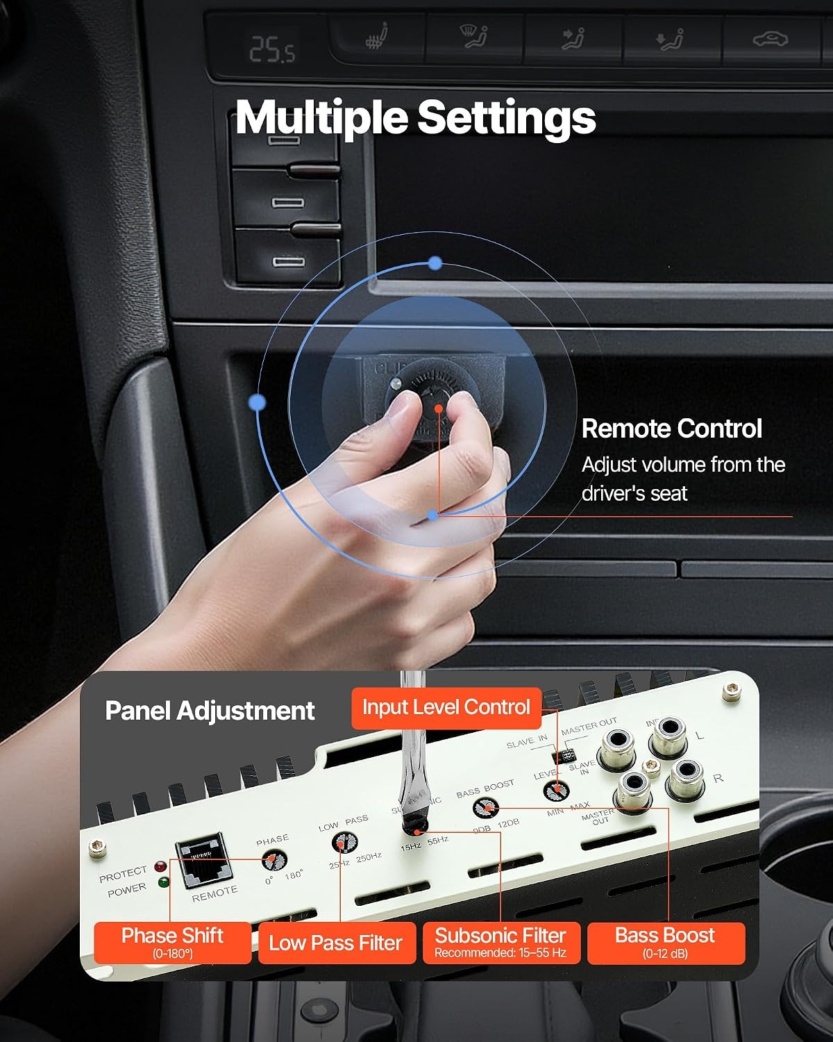 image:imageVEVOR Monoblock Car Amplifier 400W RMS MAX 124 Ohm Stable 1Channel Class D Car Audio Amplifier with Remote Subwoofer Level Control Low Pass Filter Bass Boost amp Phase Shift Volume Controller400W