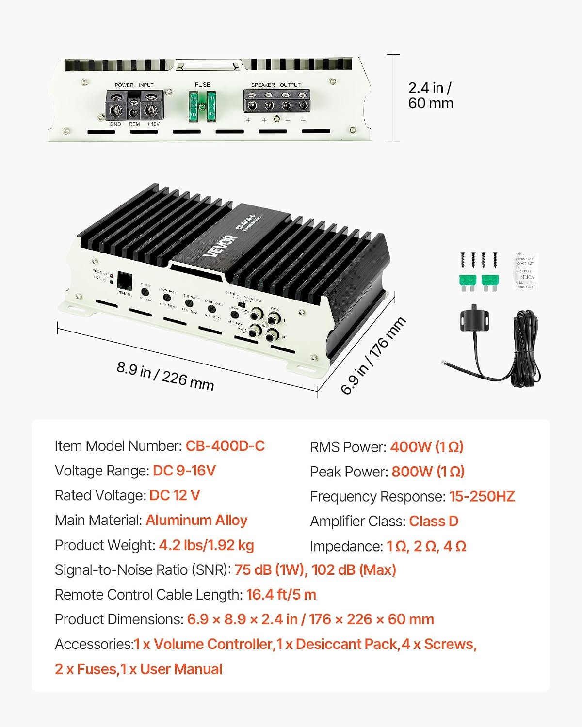 image:imageVEVOR Monoblock Car Amplifier 400W RMS MAX 124 Ohm Stable 1Channel Class D Car Audio Amplifier with Remote Subwoofer Level Control Low Pass Filter Bass Boost amp Phase Shift Volume Controller400W