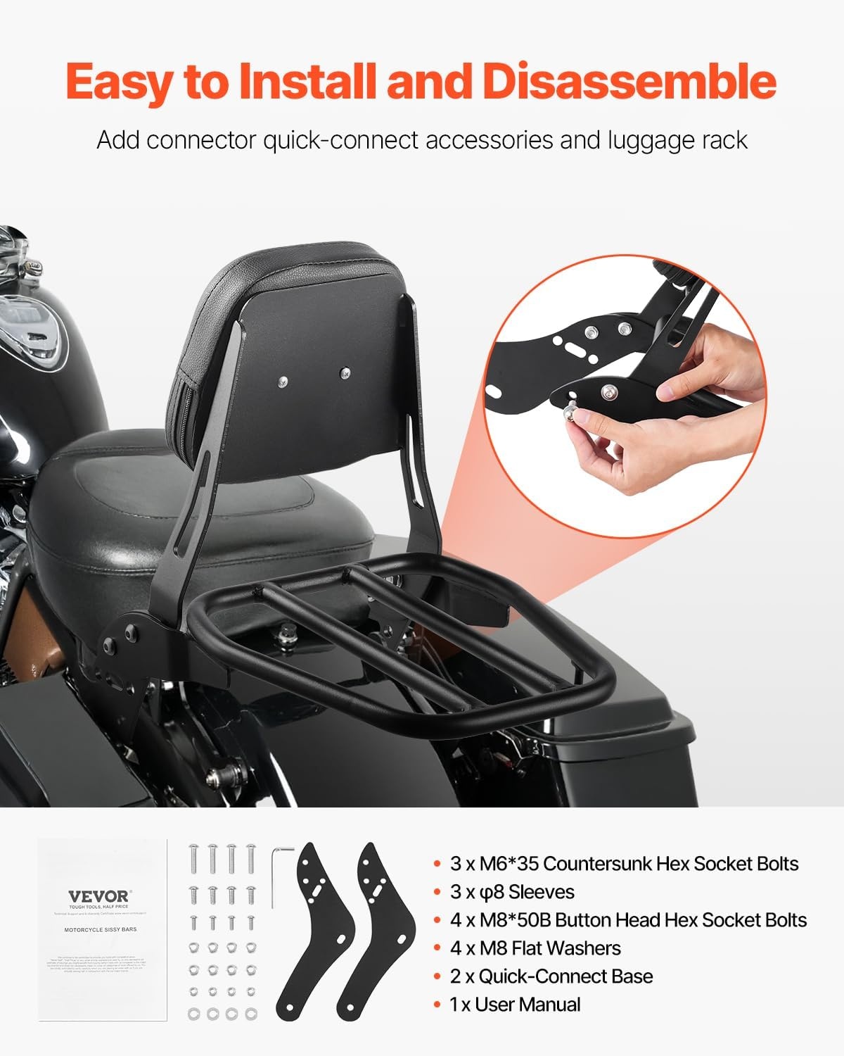 image:imageVEVOR Motorcycle Backrest Sissy Bar Compatible With HarleyDavidson Touring Street Glide Road Glide Road King 122 inch Height Detachable Rider Backrest For Motorcycles BlackHonda Rebel CMX