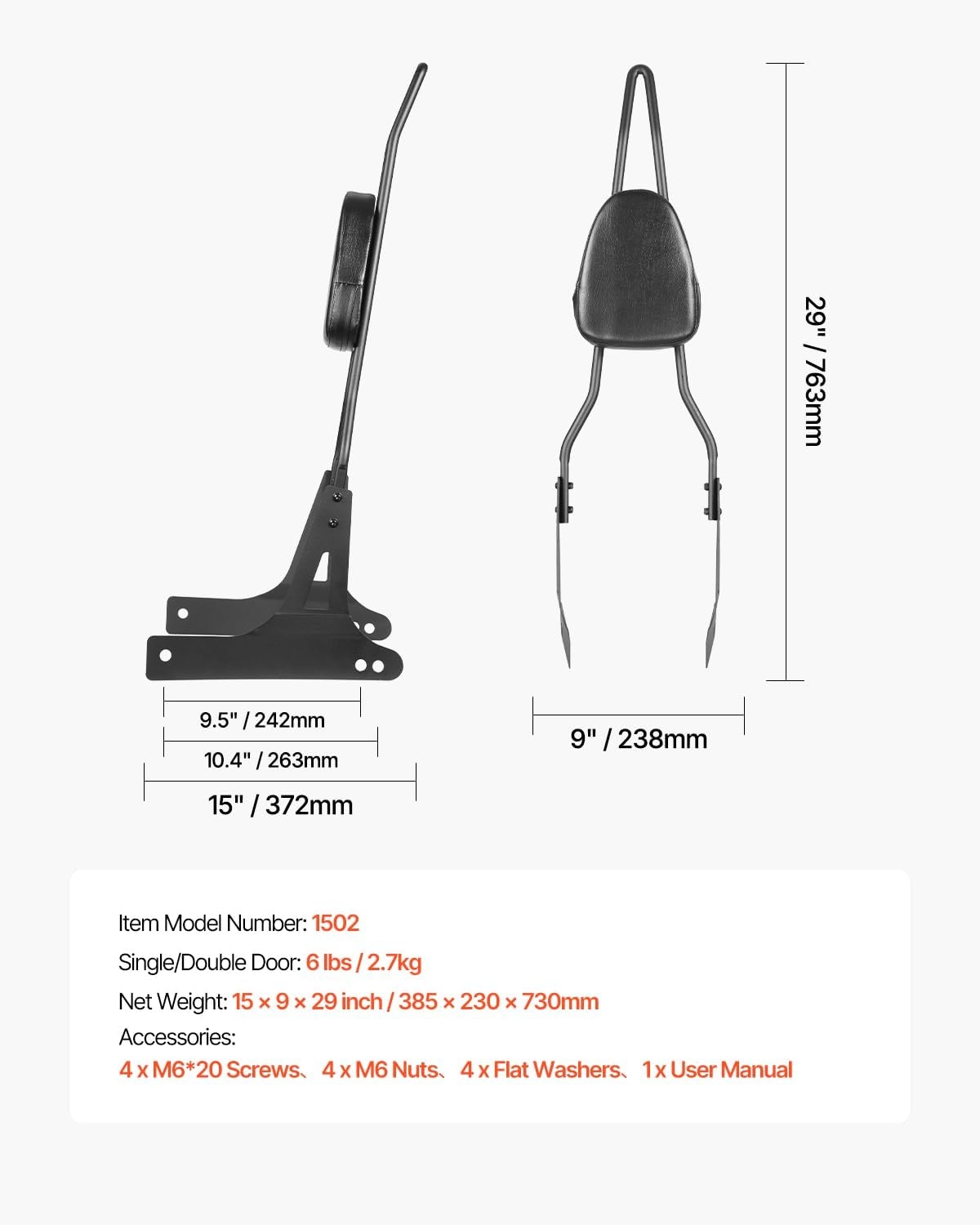 image:imageVEVOR Motorcycle Backrest Sissy Bar Compatible With HarleyDavidson Touring Street Glide Road Glide Road King 122 inch Height Detachable Rider Backrest For Motorcycles Black29 inch