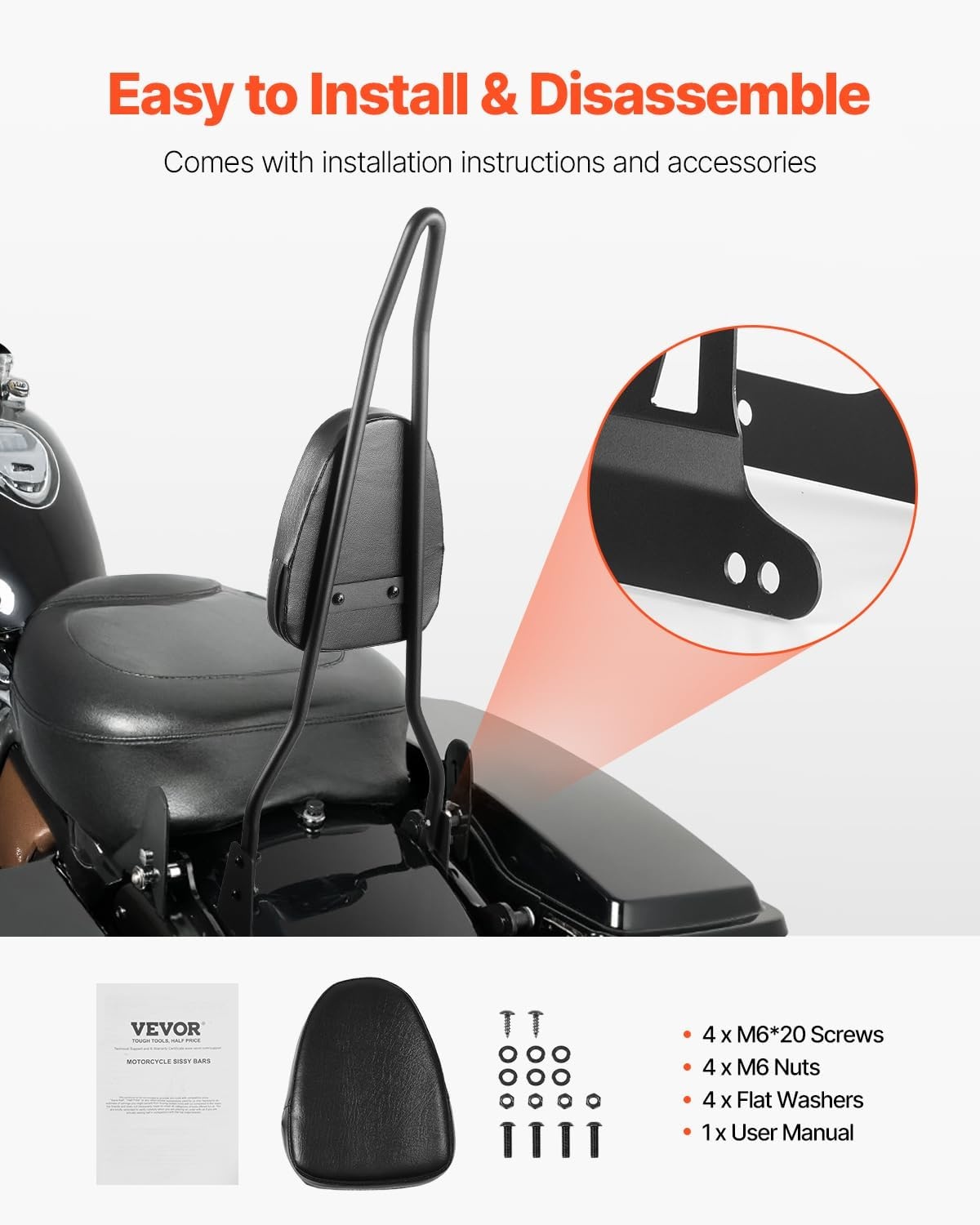 image:imageVEVOR Motorcycle Backrest Sissy Bar Compatible With HarleyDavidson Touring Street Glide Road Glide Road King 122 inch Height Detachable Rider Backrest For Motorcycles Black29 inch