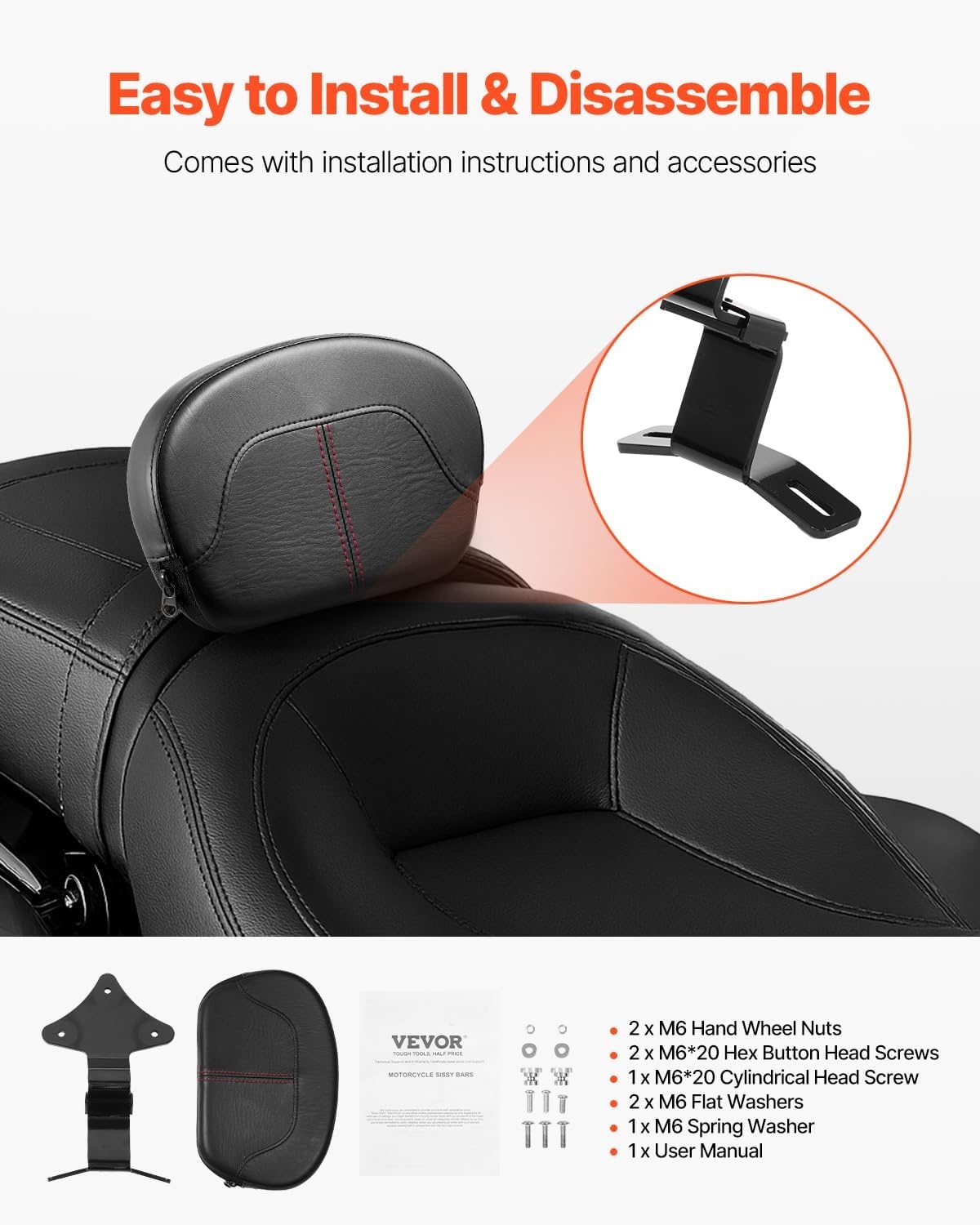 image:imageVEVOR Motorcycle Backrest Sissy Bar Compatible With HarleyDavidson Touring Street Glide Road Glide Road King 122 inch Height Detachable Rider Backrest For Motorcycles Black1315inch