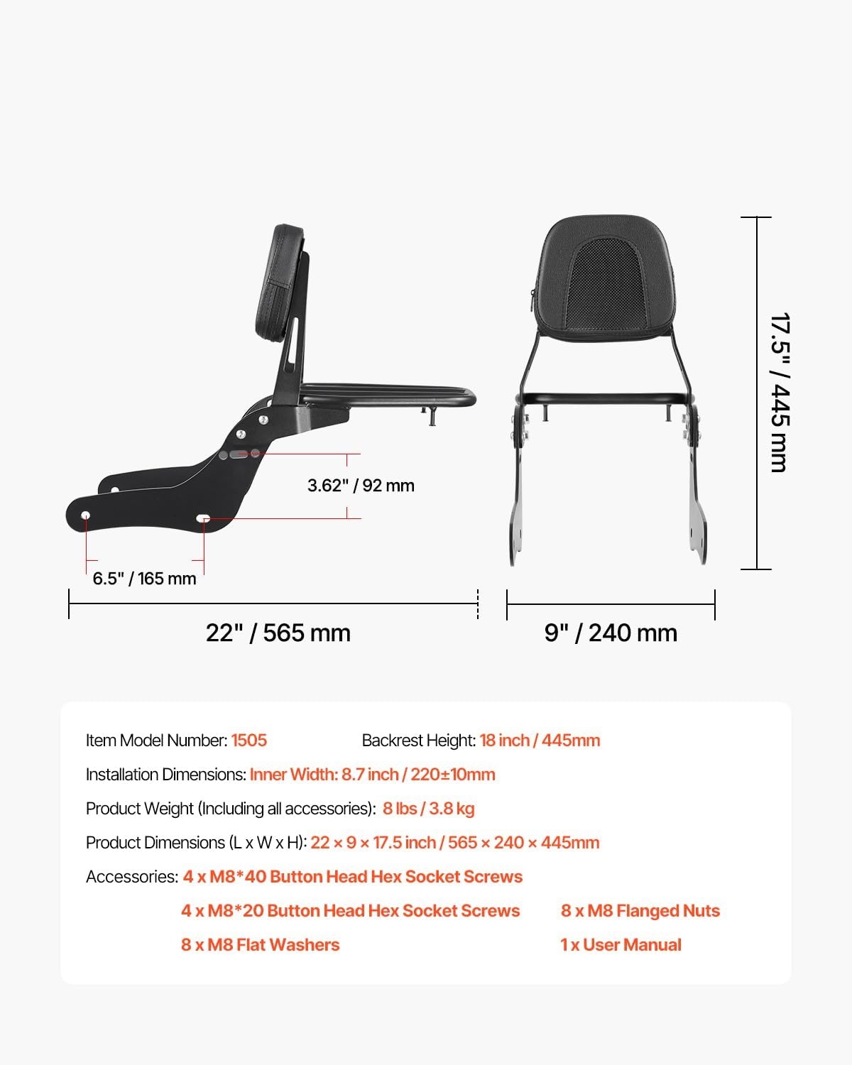 image:imageVEVOR Motorcycle Backrest Sissy Bar Compatible With HarleyDavidson Touring Street Glide Road Glide Road King 122 inch Height Detachable Rider Backrest For Motorcycles BlackHonda Rebel CMX