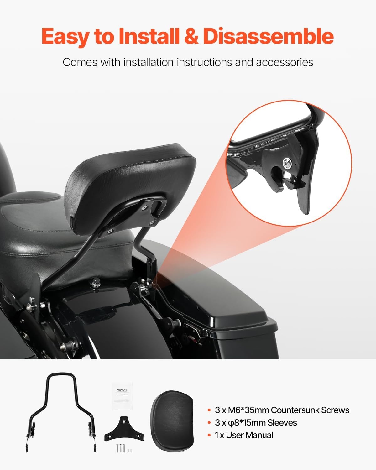 image:imageVEVOR Motorcycle Backrest Sissy Bar Compatible With HarleyDavidson Touring Street Glide Road Glide Road King 122 inch Height Detachable Rider Backrest For Motorcycles BlackPassenger Backrest