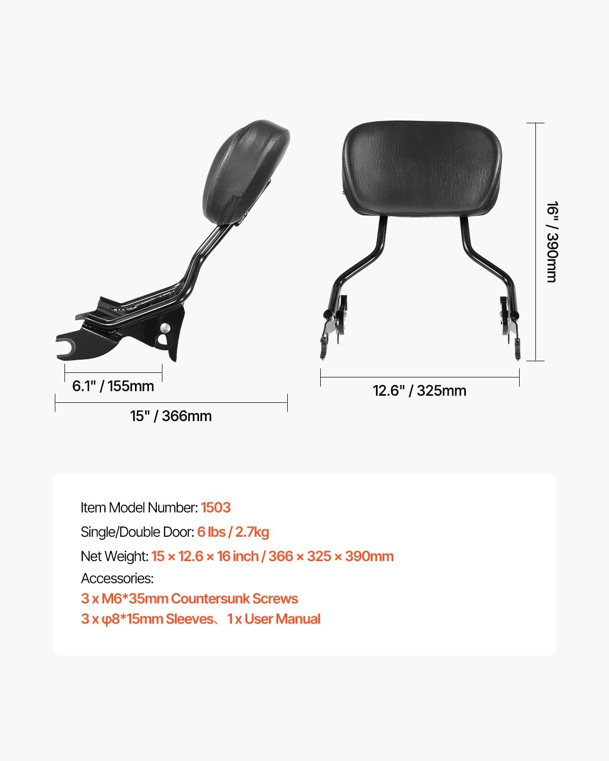 image:imageVEVOR Motorcycle Backrest Sissy Bar Compatible With HarleyDavidson Touring Street Glide Road Glide Road King 122 inch Height Detachable Rider Backrest For Motorcycles BlackPassenger Backrest