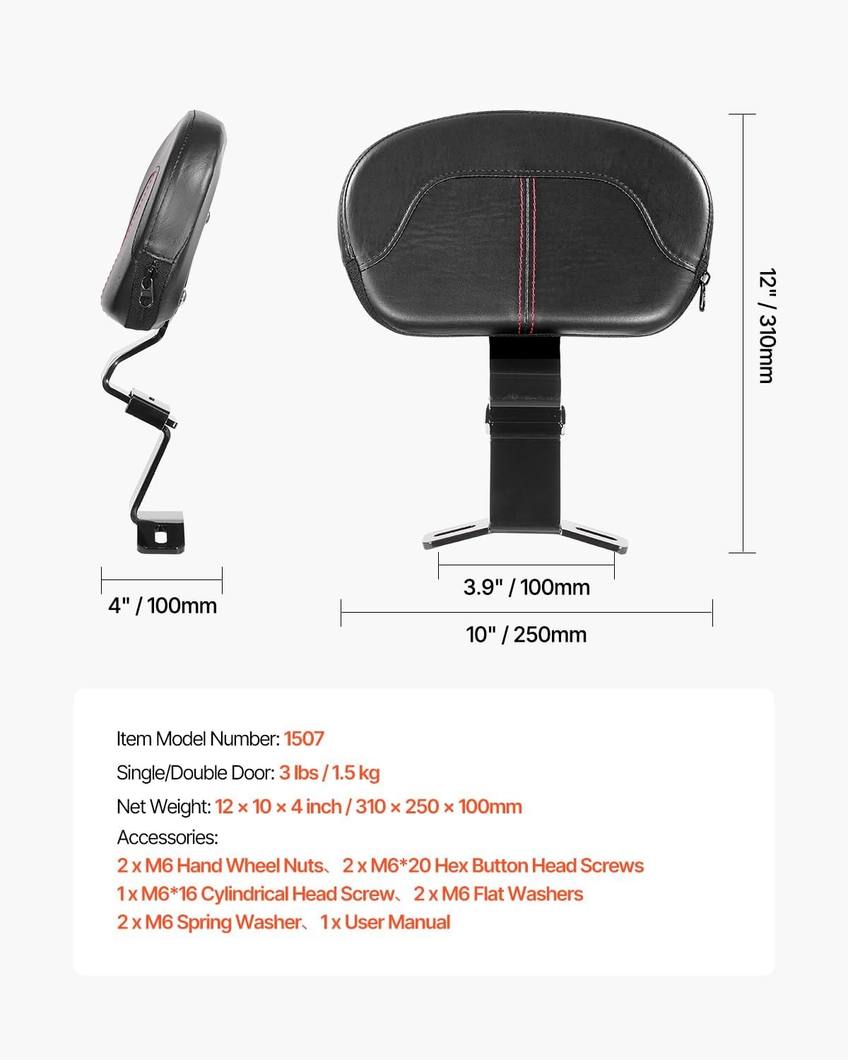 image:imageVEVOR Motorcycle Backrest Sissy Bar Compatible With HarleyDavidson Touring Street Glide Road Glide Road King 122 inch Height Detachable Rider Backrest For Motorcycles Black1315inch