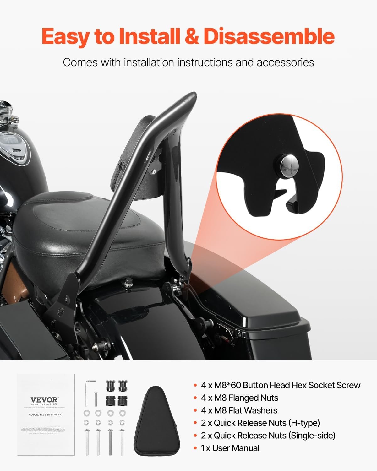 image:imageVEVOR Motorcycle Backrest Sissy Bar Compatible with HarleyDavidson Touring Models 27 in Height Quick Release Detachable Passenger Backrest Metal Frame and Leather Rear Pad For Motorcycles Black