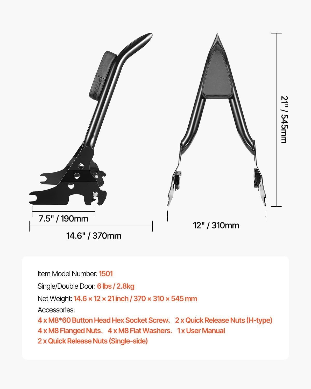 image:imageVEVOR Motorcycle Backrest Sissy Bar Compatible with HarleyDavidson Touring Models 27 in Height Quick Release Detachable Passenger Backrest Metal Frame and Leather Rear Pad For Motorcycles Black