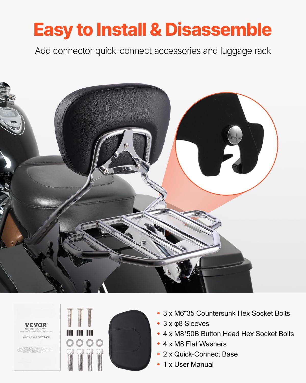 image:imageVEVOR Motorcycle Backrest Sissy Bar with Luggage Rack Compatible with HarleyDavidson Touring Models Street Glide Road Glide Road King Detachable Passenger Backrest for Motorcycleswith Luggage Rack