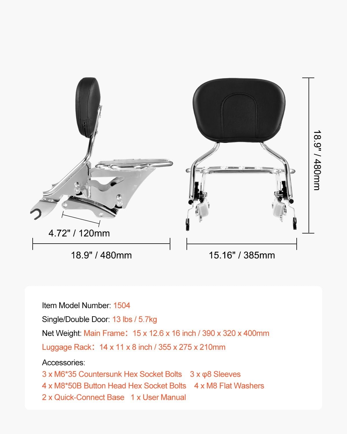 image:imageVEVOR Motorcycle Backrest Sissy Bar with Luggage Rack Compatible with HarleyDavidson Touring Models Street Glide Road Glide Road King Detachable Passenger Backrest for Motorcycleswith Luggage Rack