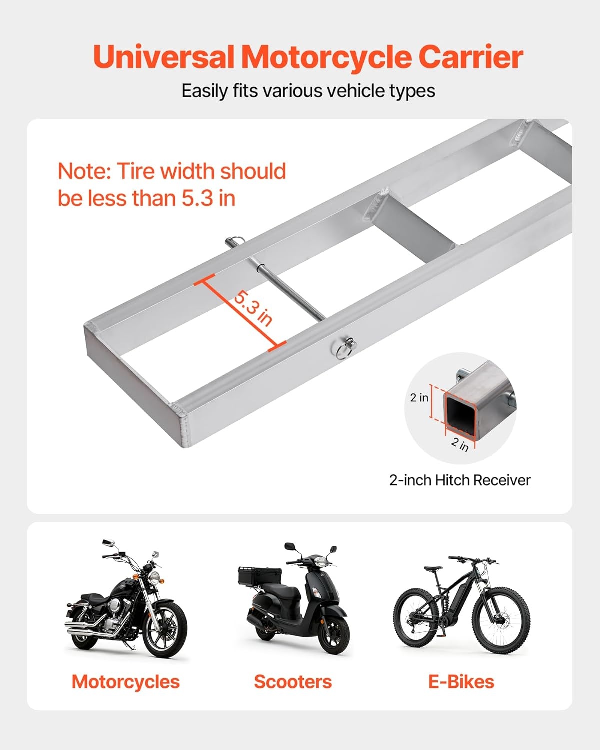 image:imageVEVOR Motorcycle Carrier 400 lbs Capacity Heavy Duty Aluminum Hitch Mount Rack with 73in Loading Ramp Straps amp Stabilizer Scooter Dirt Bike Trailer Hauler for Car Truck with 2Inch Hitch Receiver47in Ramp