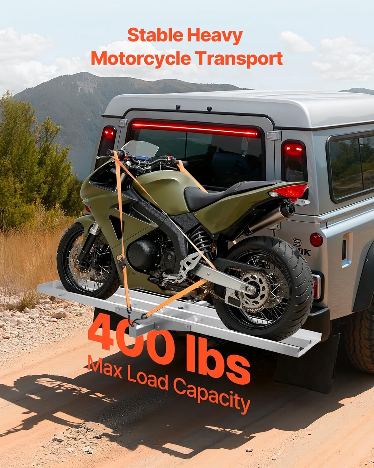 image:imageVEVOR Motorcycle Carrier 400 lbs Capacity Heavy Duty Aluminum Hitch Mount Rack with 73in Loading Ramp Straps amp Stabilizer Scooter Dirt Bike Trailer Hauler for Car Truck with 2Inch Hitch Receiver73in Ramp